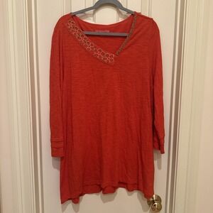 Soft Surroundings Women's L Orange Beaded Floral V Neck 3/4 Sleeve Tunic Blouse